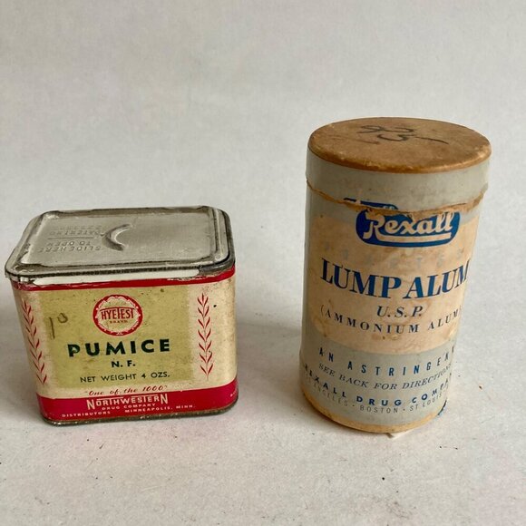 Vintage HyeTest Pumice Tin & Rexall Lump Alum Powder Container - Picture 1 of 4